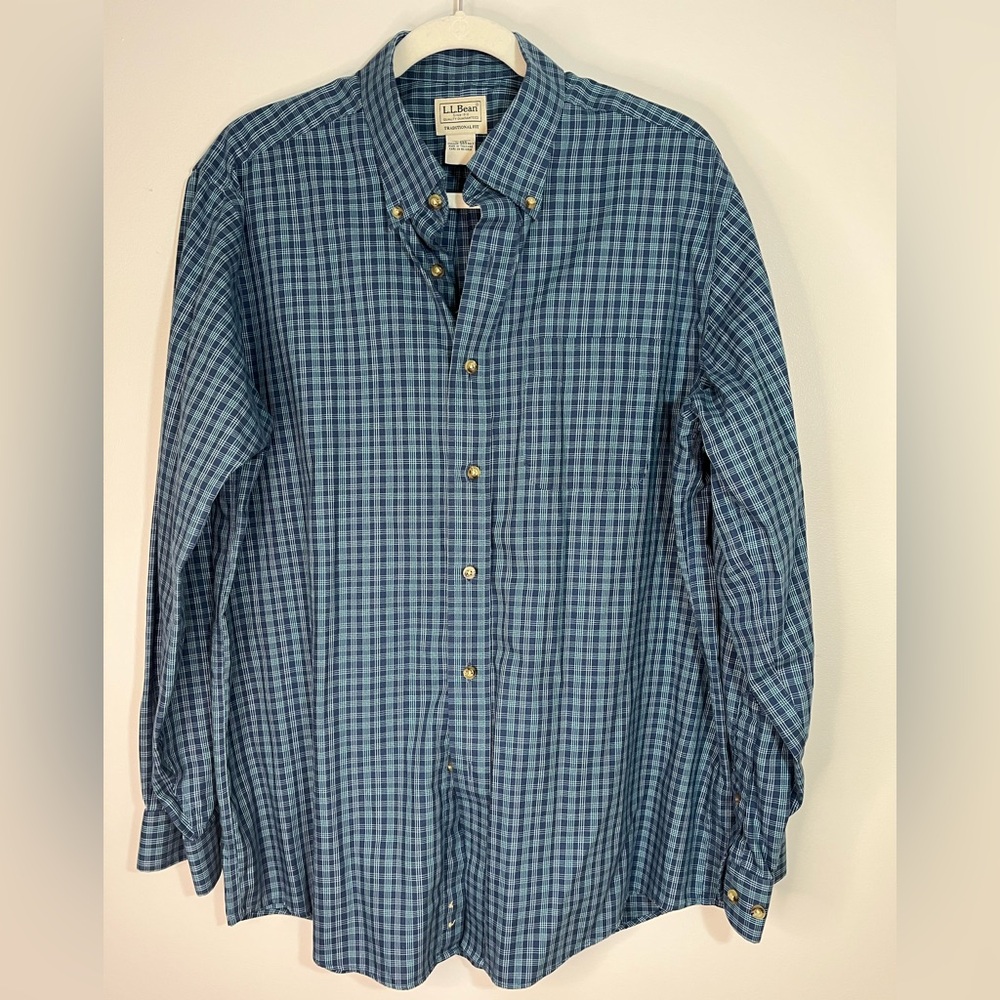 L.L. Bean Men's Blue Cotton Checkered Button Down Casual Shirt Size L
